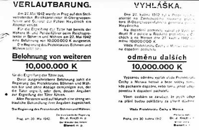 Cartel bilingüe ofreciendo una recompensa de 10.000.000 coronas checas por los asesinos de Heydrich