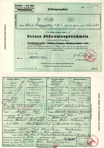 Esta foto muestra ambas caras de un documento extraño del partido nazi, un Abstammungsnachweis o papel pedigree