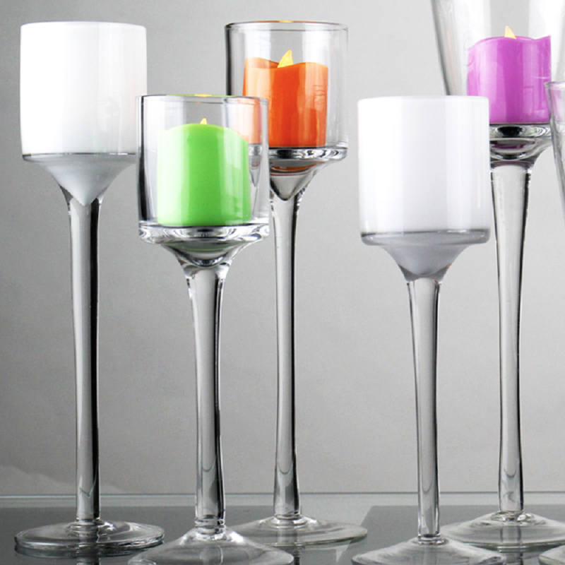 Both clear and frosted white glass stemmed votive candle holders are excellent for tealights and LED candles!